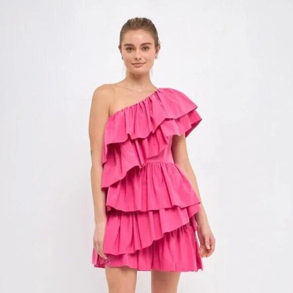 Endless Rose One-Shoulder Ruffled Mini Dress Pink Retro Party Cocktail Barbie - Picture 1 of 5
